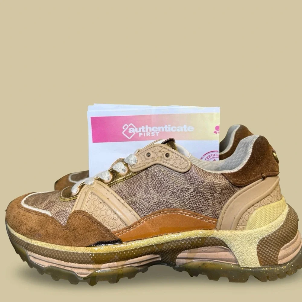 Coach C115 Tech Runner Sneakers Womens 7B Brown Signature Monogram Chunky Shoes